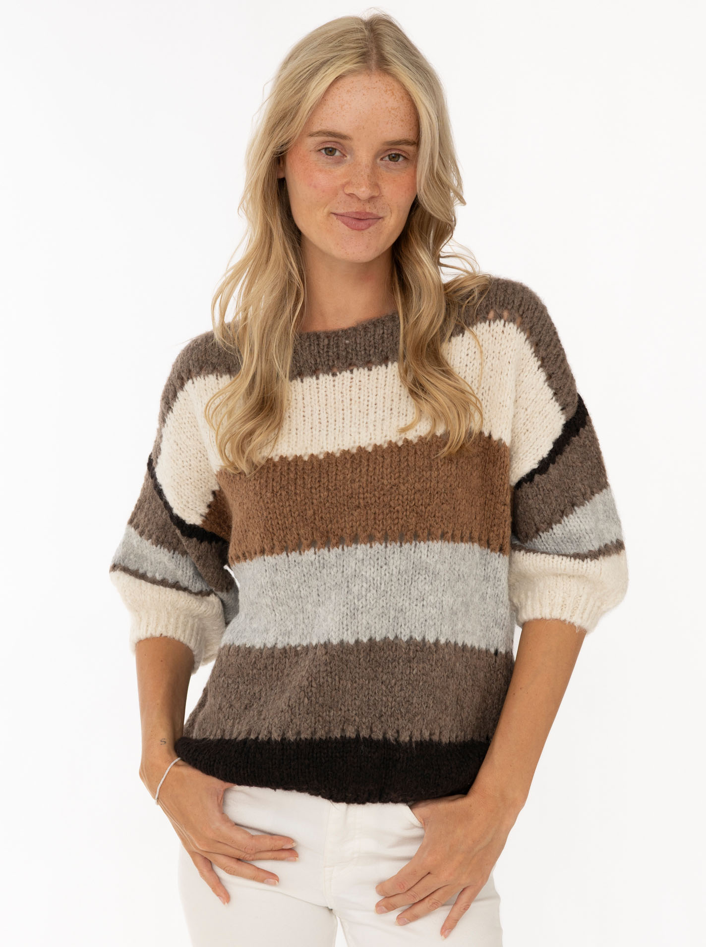 Strickshirt Wollmix Halbarm "Bunte Streifen"