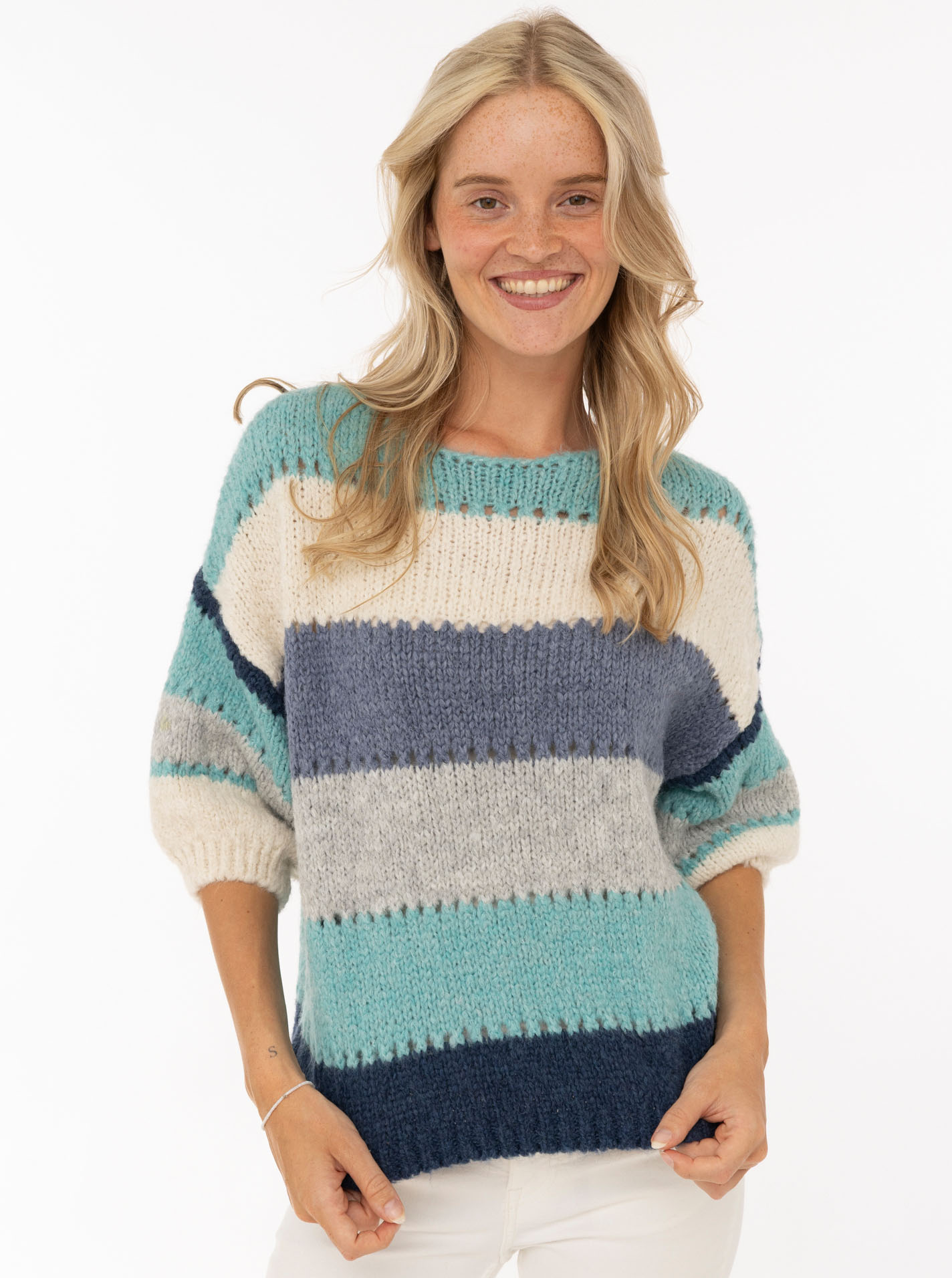 Strickshirt Wollmix Halbarm "Bunte Streifen"