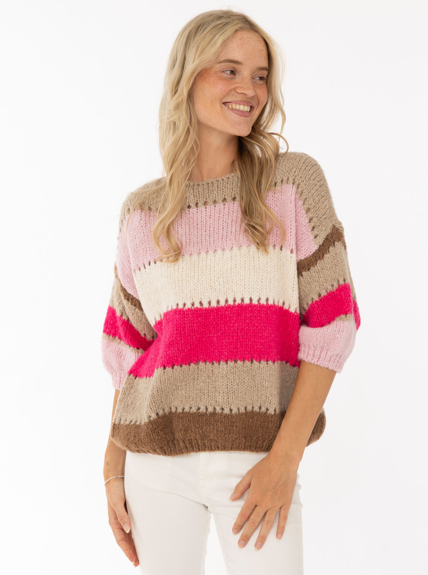 Strickshirt Wollmix Halbarm "Bunte Streifen"