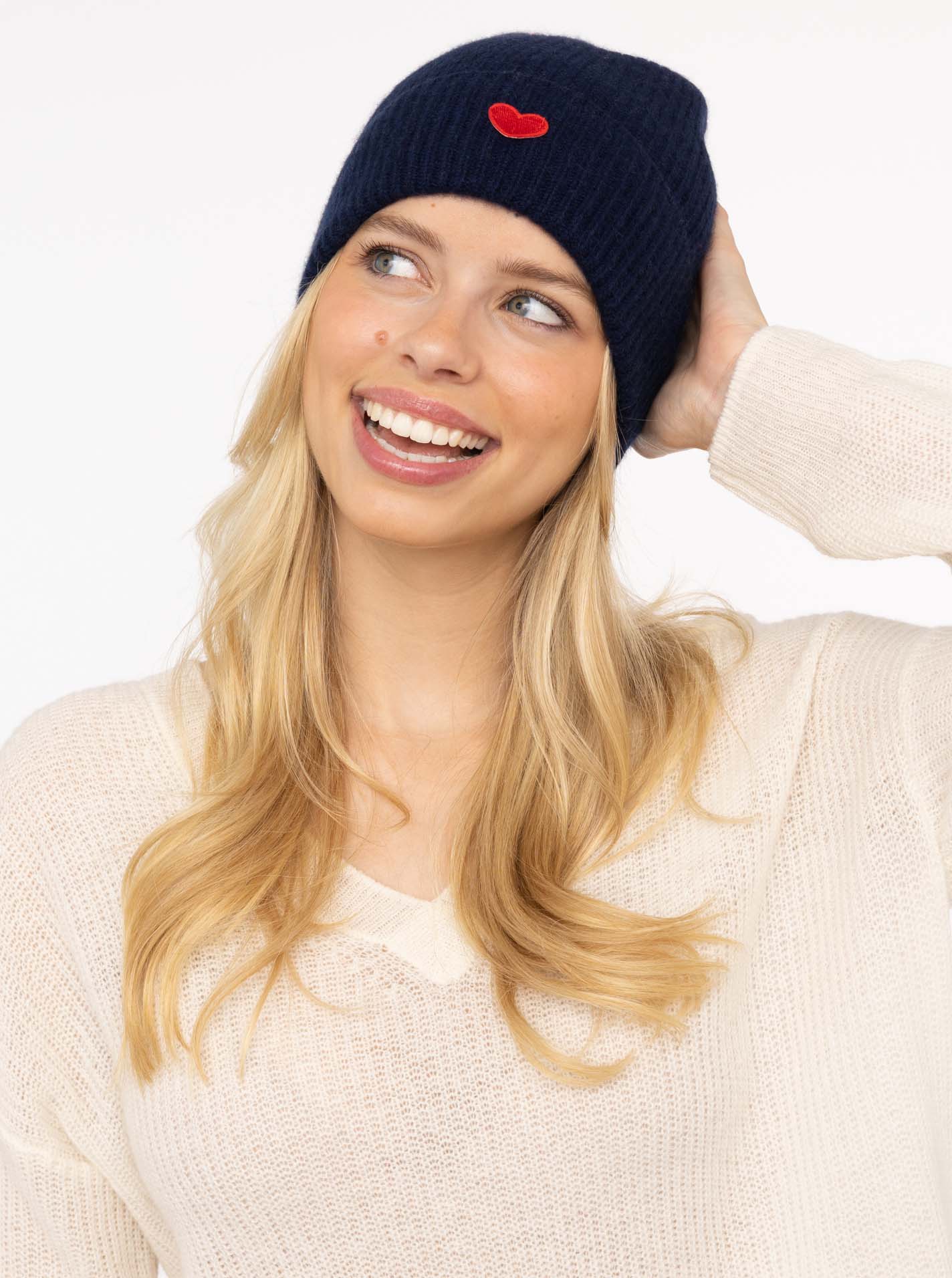 100% Cashmere Umschlagmütze Rippe "Herz"